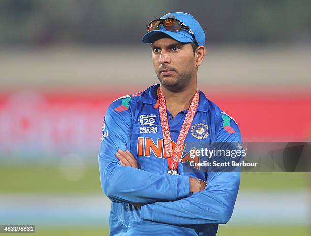 Yuvraj Singh of India looks on during the presentations after the Final of the ICC World Twenty20 Bangladesh 2014 between India and Sri Lanka at...