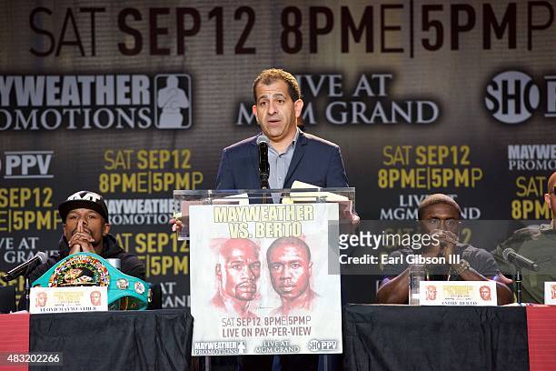 Floyd Mayweather Jr., Executive Vice President & General Manager of Showtime Sports Stephen Espinoza and Andre Berto attend the Los Angeles press...