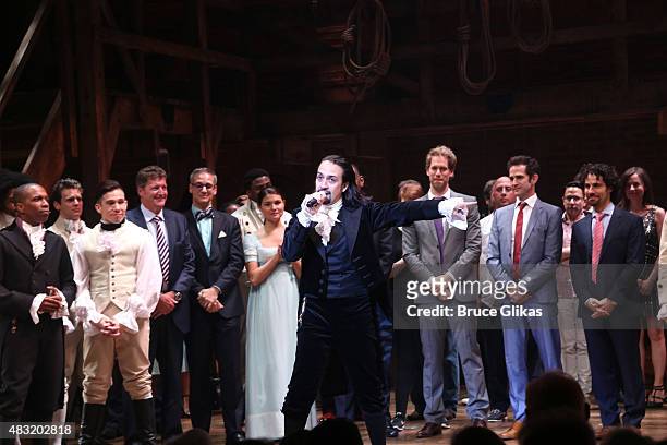 Lin-Manuel Miranda and the cast of "Hamilton" onstage during the curtain call of "Hamilton" Broadway opening night at Richard Rodgers Theatre on...