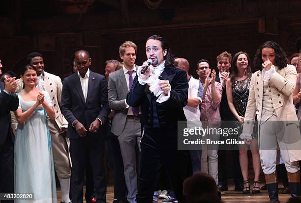 Lin-Manuel Miranda and the cast of "Hamilton" onstage during the curtain call of "Hamilton" Broadway opening night at Richard Rodgers Theatre on...