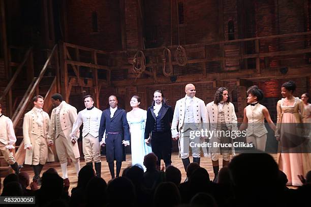 Lin-Manuel Miranda and the cast of "Hamilton" onstage during the curtain call of "Hamilton" Broadway opening night at Richard Rodgers Theatre on...