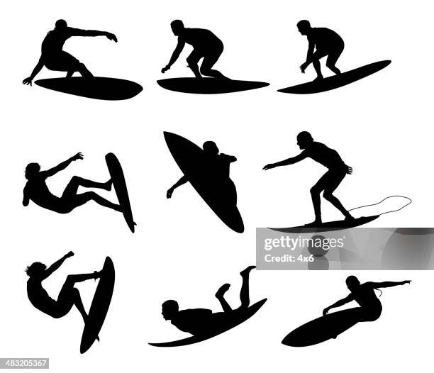 ilustraciones, imágenes clip art, dibujos animados e iconos de stock de macho surfers surf increíble - stunt