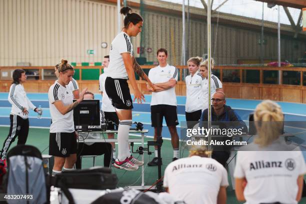 Dzsenifer Marozsan jumps during a Germany women's national team performance test on April 7, 2014 in Mannheim, Germany.