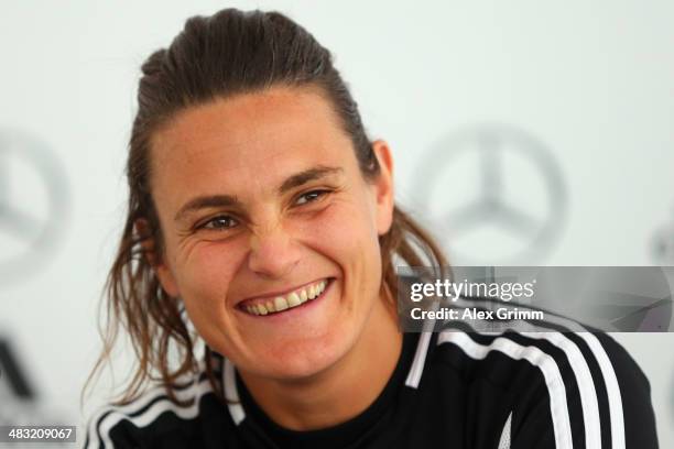 Nadine Angerer attends a Germany press conference at the Carl-Benz-Stadion on April 7, 2014 in Mannheim, Germany.