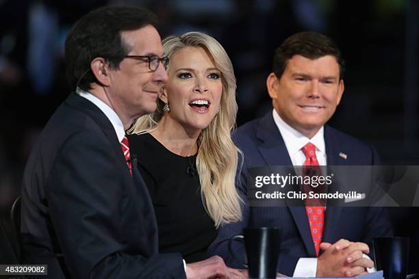 News anchors Chris Wallace, Megyn Kelly and Bret Baier moderate the first prime-time Republican presidential debate hosted at the Quicken Loans Arena...