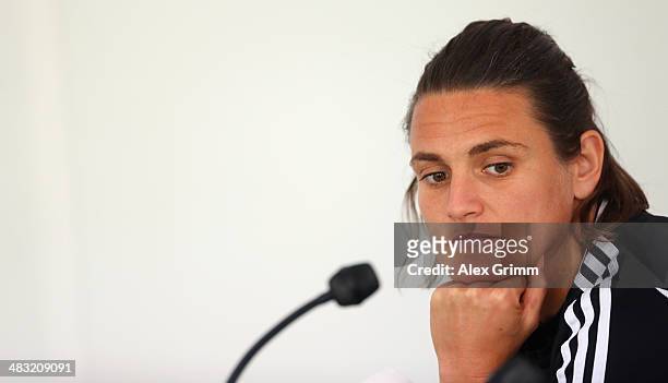 Nadine Angerer attends a Germany press conference at the Carl-Benz-Stadion on April 7, 2014 in Mannheim, Germany.