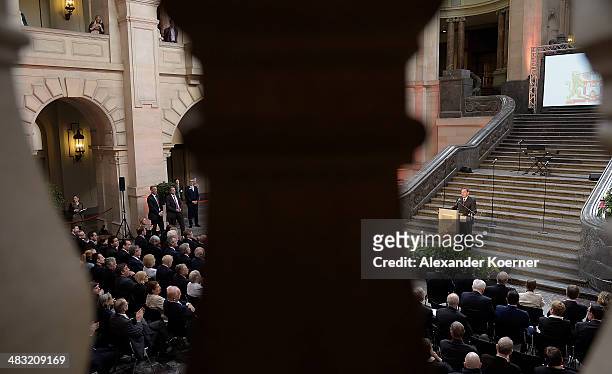 Former German Chancellor Gerhard Schroeder speeches at a reception to celebrate his 70th birthday at City Hall on April 7, 2014 in Hanover, Germany....