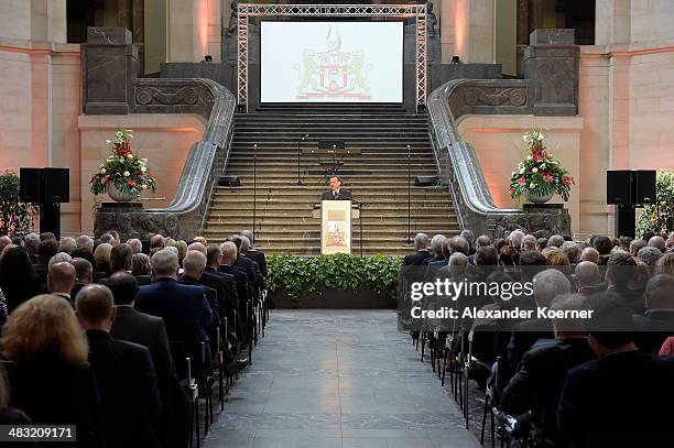 Former German Chancellor Gerhard Schroeder speeches at a reception to celebrate his 70th birthday at City Hall on April 7, 2014 in Hanover, Germany....