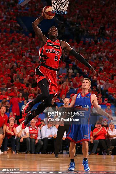 James Ennis of the Wildcats sets for a dunk during game one of the NBL Grand Final series between the Perth Wildcats and the Adelaide 36ers at Perth...