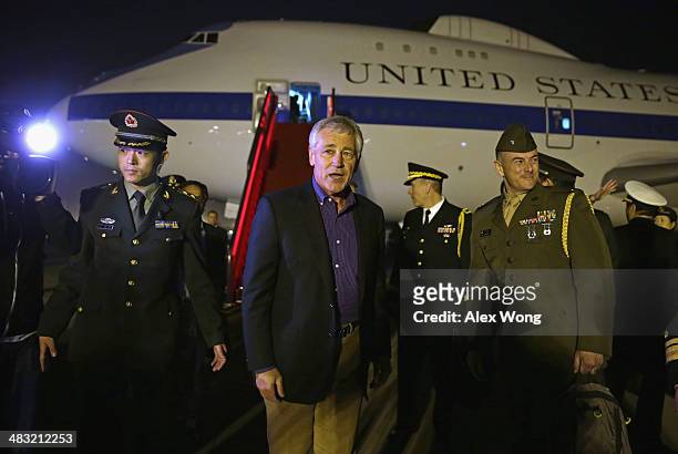 Secretary of Defense Chuck Hagel arrives at Beijing International Airport on April 7, 2014 in Beijing, China. Secretary Hagel is on an Asian trip,...