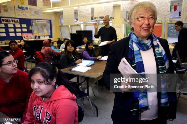 New York City Schools Chancellor Carmen Farina visits J.H.S. 088 Peter Rouget school in Brooklyn while announcing the new initiative called "Learning...