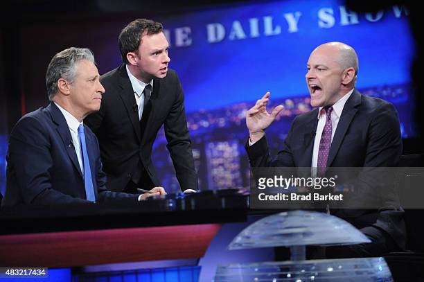 Nate Corddry Rob Corddry and host Jon Stewart appear on "The Daily Show with Jon Stewart" #JonVoyage on August 6, 2015 in New York City.