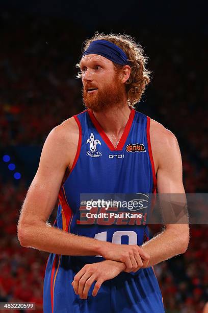 Luke Schenscher of the 36ers looks on after being fouled during game one of the NBL Grand Final series between the Perth Wildcats and the Adelaide...