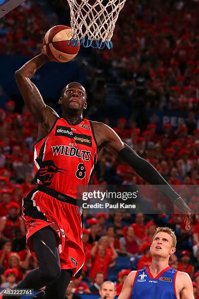 James Ennis of the Wildcats sets for a dunk during game one of the NBL Grand Final series between the Perth Wildcats and the Adelaide 36ers at Perth...