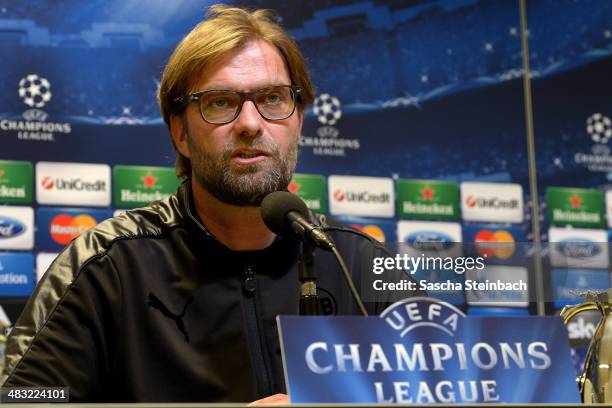 Head coach Juergen Klopp attends a press conference at Signal Iduna Park prior to the UEFA Champions League quarter-final match between Borussia...