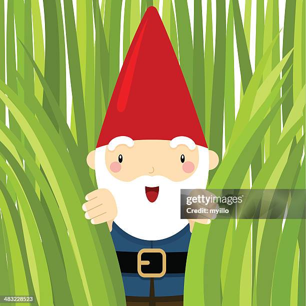 gnome in the garden. peeking grass - garden gnome stock illustrations