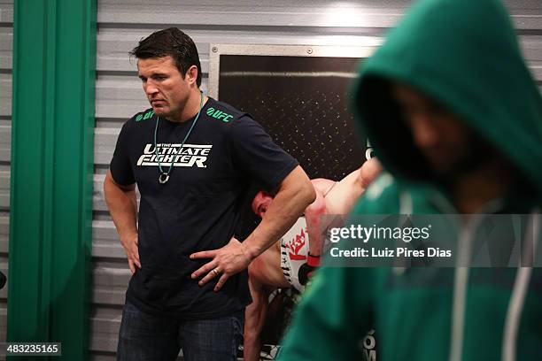 Coach Chael Sonnen helps prepare Team Sonnen fighter Guilherme de Vasconcelos before his fight against Team Wanderlei fighter Ricardo Abreu in their...