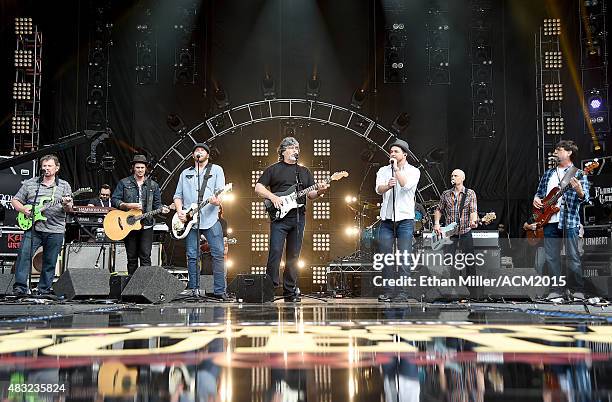Guitarist Jeff Cook of Alabama, musician Chris Thompson and guitarist James Young of the Eli Young Band, singer/guitarist Randy Owen of Alabama,...