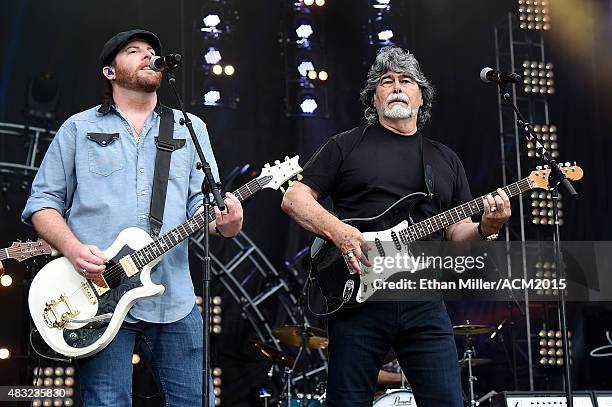 Guitarist James Young of the Eli Young Band and singer/guitarist Randy Owen of Alabama rehearse for ACM Presents: Superstar Duets at Globe Life Park...