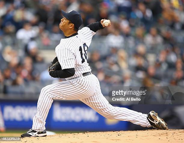 Hiroki Kuroda of the New York Yankees pitches against the Baltimore Orioles during their game on April 7, 2014 at Yankee Stadium in the Bronx borough...