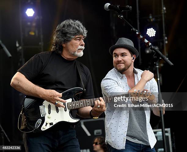 Singer/guitarist Randy Owen of Alabama and frontman Mike Eli of the Eli Young Band rehearse for ACM Presents: Superstar Duets at Globe Life Park in...