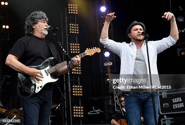 Singer/guitarist Randy Owen of Alabama and frontman Mike Eli of the Eli Young Band rehearse for ACM Presents: Superstar Duets at Globe Life Park in...