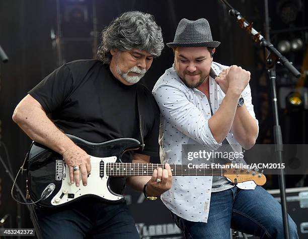 Singer/guitarist Randy Owen of Alabama and frontman Mike Eli of the Eli Young Band rehearse for ACM Presents: Superstar Duets at Globe Life Park in...