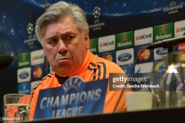 Head coach Carlo Ancelotti of Real Madrid attends a press conference at Signal Iduna Park prior to the UEFA Champions League quarter-final match...