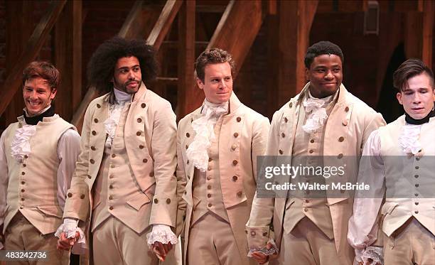 Thayne Jasperson, Daveed Diggs, Jonathan Groff, Okieriete Onaodowan and John Rua during the Broadway opening night performance of 'Hamilton' at the...