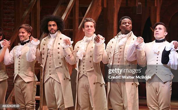 Thayne Jasperson, Daveed Diggs, Jonathan Groff, Okieriete Onaodowan and John Rua during the Broadway opening night performance of 'Hamilton' at the...