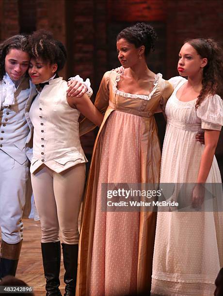 Renee Elise Goldsberry and cast during the Broadway opening night performance of 'Hamilton' at the Richard Rodgers Theatre on August 6, 2015 in New...