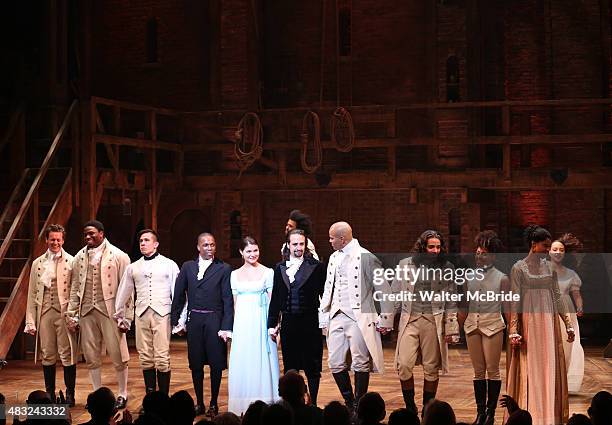 Lin-Manuel Miranda with the cast during the Broadway opening night performance of 'Hamilton' at the Richard Rodgers Theatre on August 6, 2015 in New...