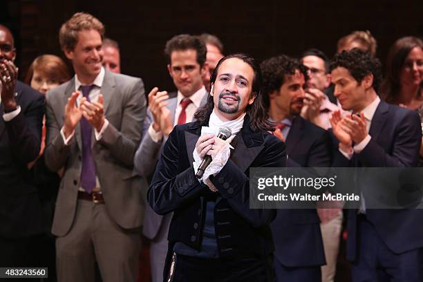 Lin-Manuel Miranda and creative team during the Broadway opening night performance of 'Hamilton' at the Richard Rodgers Theatre on August 6, 2015 in...