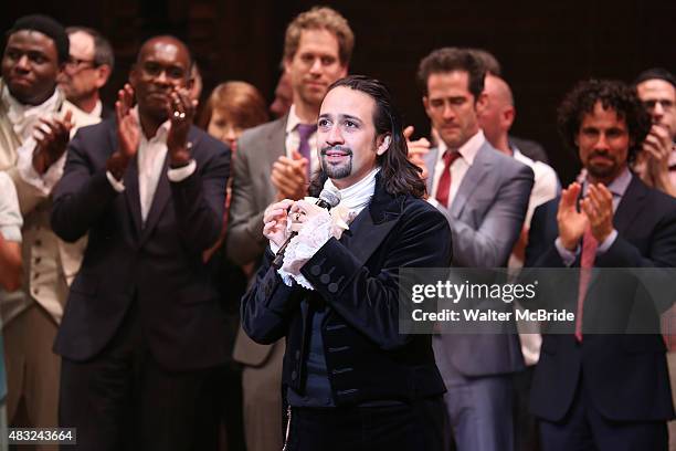 Lin-Manuel Miranda and creative team during the Broadway opening night performance of 'Hamilton' at the Richard Rodgers Theatre on August 6, 2015 in...