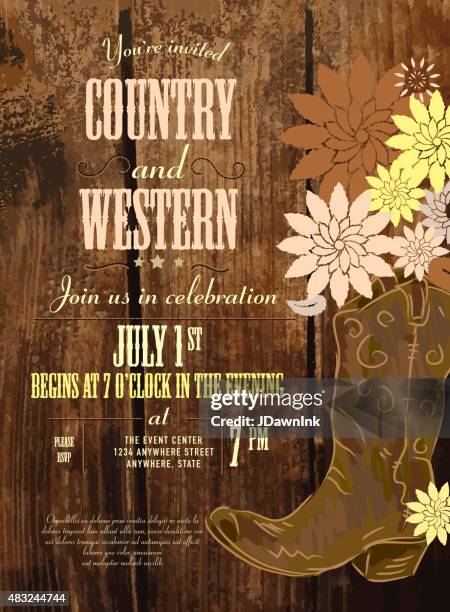 stockillustraties, clipart, cartoons en iconen met country invitation design template boot and flowers - country and western music