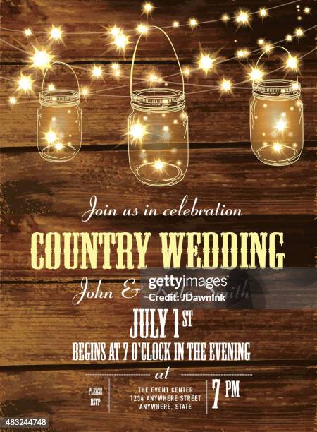 country wedding invitation design template jar and string lights - jam jar stock illustrations