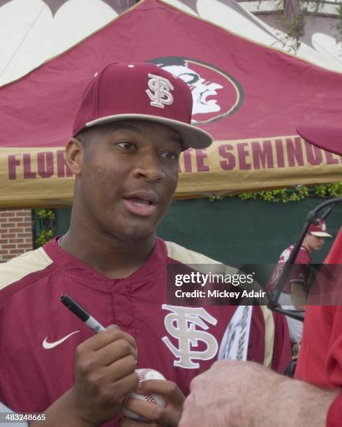 April 4, 2014: Heisman Trophy Winner Jameis Winston signs autographs prior to Florida State baseball game versus Notre Dame. Winston plays outfield,...