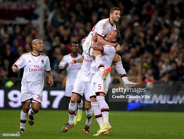 Adel Taarabt of AC Milan celebrates scoring the first goal during the Serie A match between Genoa CFC v AC Milan at Stadio Luigi Ferraris on April 7,...