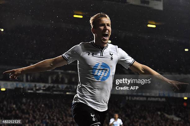 Tottenham Hotspur's English striker Harry Kane celebrates scoring Tottenham's second goal during the English Premier League football match between...