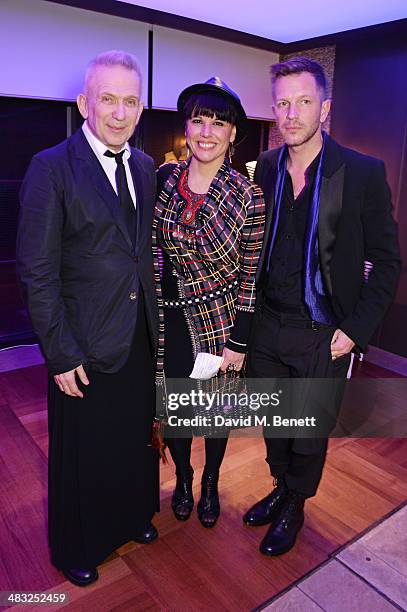 Jean Paul Gaultier, Nathalie Bondil, director of the Montreal Museum of Fine Arts, and exhibition curator Thierry-Maxime Loriot attend an exclusive...