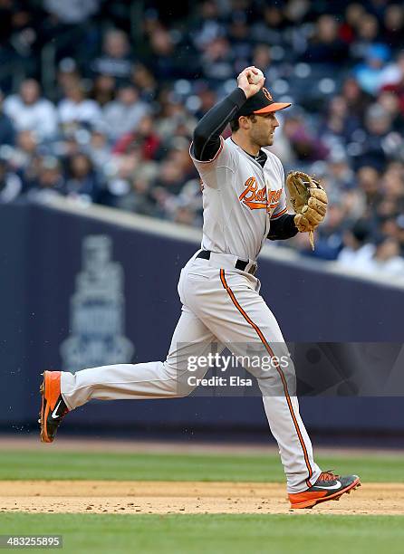 Stephen Lombardozzi of the Baltimore Orioles sends the ball to first for the out against the New York Yankees during the home opener on April 7, 2014...