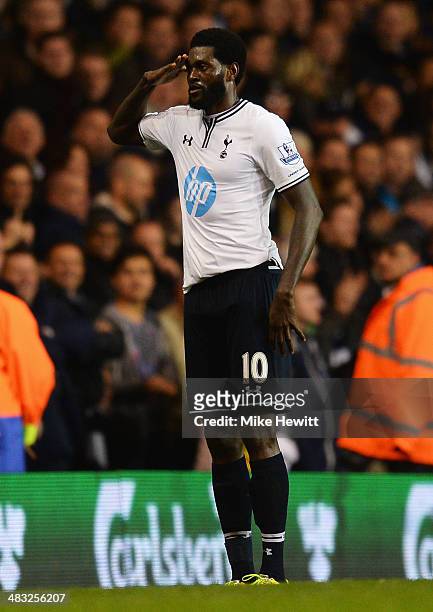 Emmanuel Adebayor of Tottenham Hotspur celebrates scoring his second goal during the Barclays Premier League match between Tottenham Hotspur and...