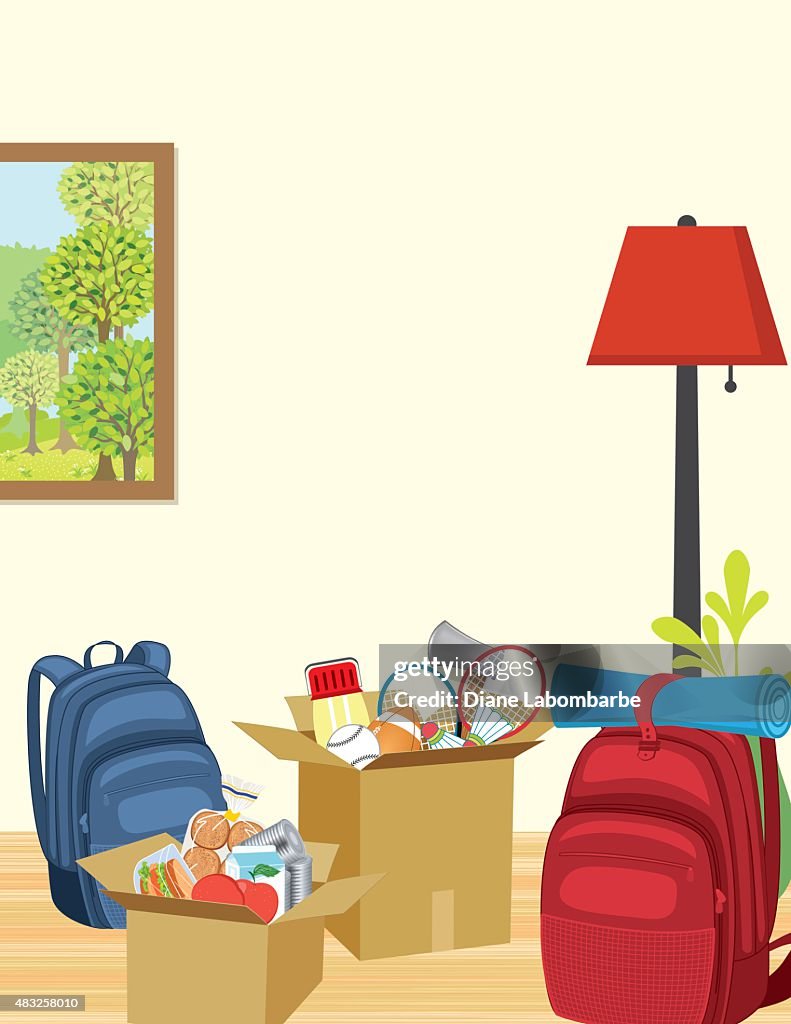 Living room filled with items packed for vacation