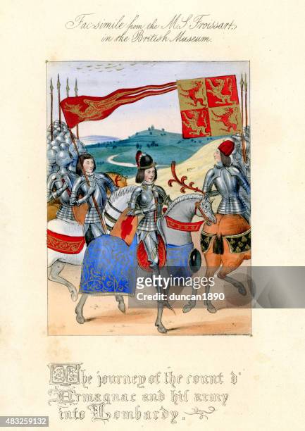 froissart's chronicles - count d'armagnac and his army in lombar - medieval people stock illustrations