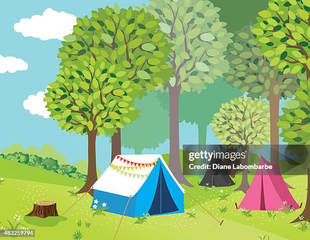 campground in the woods - tent stock illustrations