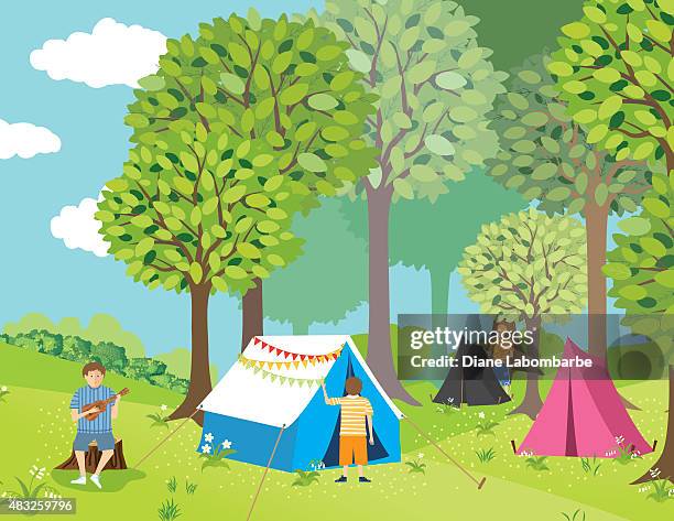 kids day camp in the woods - road trip family stock illustrations