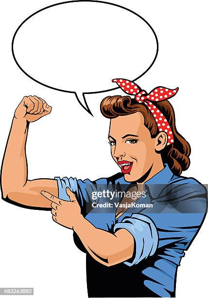 superhero mother showing muscles with speech balloon - supermom - bicep stock illustrations