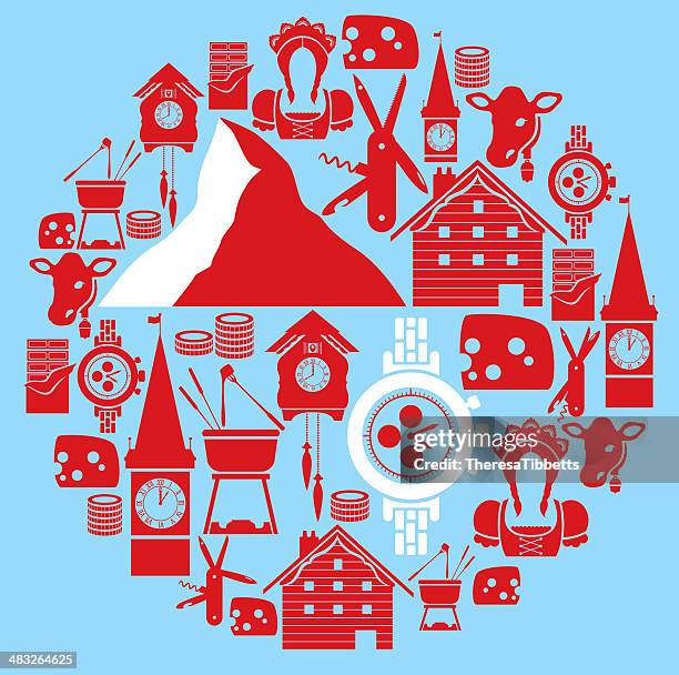 stockillustraties, clipart, cartoons en iconen met swiss icon montage - klokkentoren met wijzerplaat