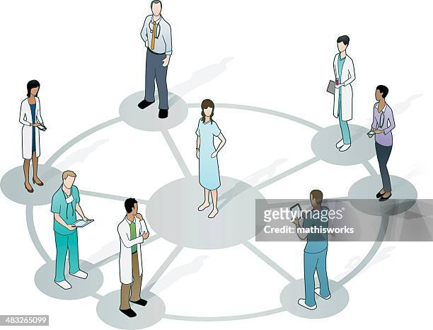 stockillustraties, clipart, cartoons en iconen met doctors on wheel network with patient at center - middelste deel