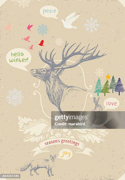 hallo winter - fox drawing stock-grafiken, -clipart, -cartoons und -symbole